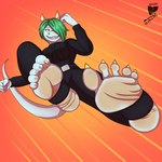 1:1 action_pose anthro belt_buckle bottomwear breasts caryll_(chappey) claws clothed clothing colored_claws digital_media_(artwork) feet female foot_fetish foot_focus footwear hi_res humanoid humanoid_feet kick lizard maximus21 pants plantigrade pose reptile scalie scrunched_toes socks solo stirrup_socks stirrups sweater topwear watermark