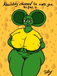 anthro anthrofied areola big_breasts big_ears black_eyes breast_grab breasts buckteeth cheese clothing dairy_products darkened_genitalia darkened_pussy eyelashes female food fur genitals glistening glistening_eyes green_areola green_body green_fur hand_on_breast head_tuft huge_breasts huge_thighs humor joke lips open_mouth orange_eyeshadow orange_lipstick pun pussy self_grope shirt simple_background slightly_chubby slightly_chubby_female smile solo t-shirt teeth text thick_thighs topwear tuft whiskers frooby cheesed_to_meet_you pepe_the_frog mammal mouse murid murine rodent 3:4 absurd_res hi_res meme signature