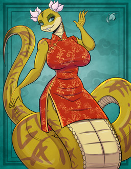 accessory anthro anthrofied apode asian_clothing blue_eyes chinese_clothing chinese_dress clothing dress east_asian_clothing fangs female flower flower_in_hair green_body hair hair_accessory legless markings pattern_background plant scales serpentine simple_background teeth stogiegoatarts dreamworks kung_fu_panda master_viper draconcopode naga reptile scalie snake digital_drawing_(artwork) digital_media_(artwork) hi_res