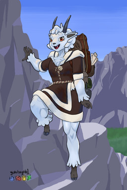 5_fingers anthro athletic athletic_anthro athletic_female backpack bent_leg biped brown_eyes chest_tuft clothed clothed_anthro clothed_female clothing day eyebrows female fingers front_view fur grass head_tuft hooves horizontal_pupils horn humanoid_hands looking_at_viewer mountain muscular_legs open_mouth open_smile outside plant pose pupils sky smile solo standing teeth text tuft white_body white_fur yolabayola1 bovid caprine mammal rocky_mountain_goat 2:3 artist_name colored full-length_portrait hi_res portrait