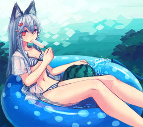 bikini breasts clothing dessert female food food_fetish fruit grey_hair hair ice_cream inflatable inner_tube long_hair melon navel orange_eyes plant simple_background solo suggestive suggestive_food swimwear two-piece_swimsuit water watermelon wet deadflow animal_humanoid canid canid_humanoid humanoid mammal mammal_humanoid 2016