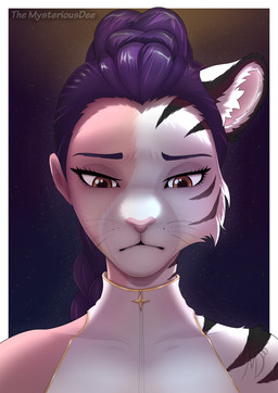 anthro asymmetrical_transformation clothing female fur hair human_to_anthro looking_down mid_transformation purple_hair simple_background solo species_transformation transformation whiskers white_body white_clothing white_fur themysteriousdee kpop_demon_hunters rumi_(kpop_demon_hunters) felid human mammal pantherine tiger 2025 digital_media_(artwork) hi_res