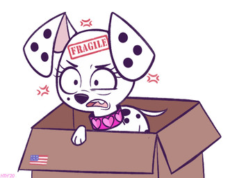 american_flag black_nose black_spots box cardboard cardboard_box collar collar_tag container feral fragile_sign fur heart_collar_tag markings mole_(marking) pink_collar pink_inner_ear spots spotted_body spotted_fur united_states_of_america white_body white_fur higglytownhero 101_dalmatian_street 101_dalmatians disney destiny_(101_dalmatians) triple_d_(101_dalmatians) canid canine canis dalmatian domestic_dog mammal