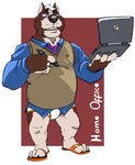 anthro bulge clothing computer electronics eyewear glasses humanoid_hands male shirt simple_background slightly_chubby solo text topwear underwear leo_zeke canid canine canis domestic_dog mammal 2020 hi_res