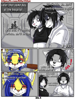 anthro black_eyes black_hair black_nose blue_eyes blue_hair brown_nose choker dialogue female fur grey_body grey_fur hair jewelry male necklace pink_nose pregnant pregnant_anthro pregnant_female text white_body white_fur yellow_body yellow_fur allartskye arely_(allartskye) evelyne_(allartskye) skye_(allartskye) canid canine canis domestic_cat felid feline felis fennec_fox fox mammal true_fox wolf comic english_text hi_res url