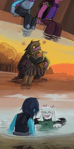 ambiguous_gender anthro armor belt bite blonde_hair blue_body blue_hair blush bracelet brown_hair clothed clothing duo eyes_closed female fur gauntlets gloves group hair handwear head_bite holding_another hooves horn jacket jewelry male open_mouth pink_horn plant purple_body purple_hair red_nose spiked_bracelet spikes sunset teeth topwear tree water white_body white_fur yellow_sclera chameshida deltarune undertale_(series) kris_dreemurr noelle_holiday ralsei susie_(deltarune) deer human mammal reptile scalie 2026 absurd_res digital_media_(artwork) hi_res signature nonbinary_(lore)