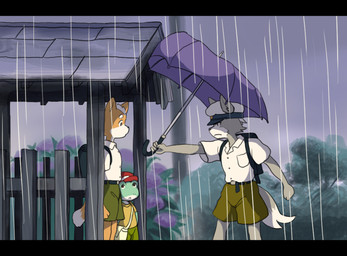:< anthro black_bars clothed clothing fur grey_body grey_fur group kemono male male/male trio umbrella white_body white_fur young young_anthro young_male kiiko ghibli my_neighbor_totoro nintendo star_fox fox_mccloud slippy_toad wolf_o'donnell amphibian canid canine canis fox frog mammal toad_(frog) wolf 2014 letterbox