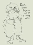 anthro big_bulge biped bulge clothed clothing detailed_bulge dialogue erection erection_under_clothing genital_outline hair male male_anthro markings navel pajama_pants penis_outline solo spots spotted_body text topless 1upgobbo jett_(1upgobbo) amphibian frog 2024 english_text hi_res sketch