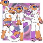 :3 anthro asymmetrical_coloring blep blue_eyes blue_sclera butt claws dipstick_tail feet female fur gesture heart_symbol kneeling long_tail looking_at_viewer looking_away lying markings multiple_poses on_back one_leg_up orange_body orange_fur pawpads pink_nose pose purple_body purple_fur raised_leg solo standing tail tail_markings tiptoes tongue tongue_out waving white_body theenyface capcom monster_hunter cally_(theenyface) calico_cat domestic_cat felid feline felis felyne lynian mammal palico 1:1 aliasing digital_drawing_(artwork) digital_media_(artwork) flat_colors