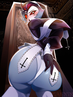 anthro big_butt blush butt butt_focus clothed clothing cross crossdressing femboy grey_body looking_back male multi_eye nun_outfit panties presenting presenting_hindquarters rear_view red_eyes religious_clothing robe solo underwear kaenin hellaverse helluva_boss stolas_(helluva_boss) avian bird demon owl 2025 digital_drawing_(artwork) digital_media_(artwork) hi_res
