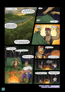 7_panel_comic anthro blue_hair boots bottomwear brown_body brown_hair campfire camping_tent clothing cooking detailed_background dialogue duo excited eye_contact food footwear forest gun hair holding_gun holding_object holding_ranged_weapon holding_weapon looking_at_another male meat onomatopoeia outside page_number pants plant ranged_weapon raw_meat river road roasting_spit shirt shoes shooting shooting_gun sitting sky sniffing sound_effects speech_bubble ta-da text topwear tree vest weapon vju79 cobby_(vju79) zudrec_(vju79) ambient_bird canid canine canis cougar felid feline mammal wolf comic english_text hi_res multiple_scenes url