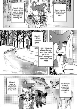 anthro birch_tree bone bottomwear clothing collar countershade_face countershade_fur countershade_torso countershading feathers fur knife male muscular muscular_anthro muscular_male plant river skull snow text tree underwear efradraws northwind_(efradraws) uspul_(efradraws) aquatic canid canine canis deer fish mammal new_world_deer suid suine sus_(pig) trout white-tailed_deer wild_boar wolf absurd_res black_and_white comic digital_media_(artwork) english_text halftone hi_res monochrome