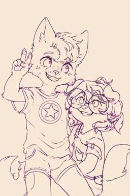 5_fingers anthro claws clothed clothing duo eyebrows eyewear female fingers floppy_ears fur glasses hair male pawpads shirt smile tail topwear young young_anthro young_female young_male elly_(artist) alex_(alexthesheppy) sundae_(kei) canid canine canis domestic_dog german_shepherd herding_dog mammal pastoral_dog hi_res monochrome