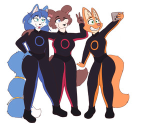 anthro blue_body blue_fur bodysuit brown_body brown_fur clothing female fur group orange_body orange_fur posing_for_picture skinsuit tight_clothing trio mestysa beastars dreamworks nintendo star_fox the_bad_guys diane_foxington juno_(beastars) krystal_(star_fox) canid canine canis fox mammal wolf absurd_res hi_res