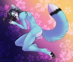 anthro black_hair black_nose blue_body blue_fur blue_tail butt female floral_background fur hair long_hair looking_at_viewer nude orange_eyes side_view solo tail tiggybloom canid mammal 2018 dated signature