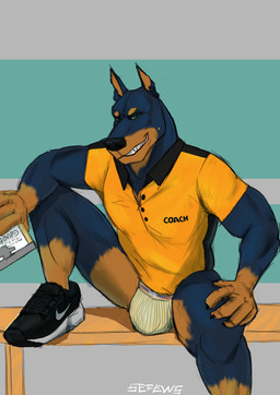 anthro clothed clothing coach footwear jock jockstrap male pantsless shirt shoes sitting solo topwear underwear sefews canid canine canis dobermann domestic_dog mammal pinscher absurd_res hi_res