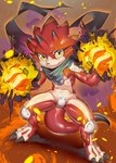 anthro athletic athletic_anthro athletic_male codpiece elemental_manipulation fire fire_manipulation male red_body scarf solo yellow_eyes skink_hisshiss bandai_namco digimon betelgammamon digimon_(species) scalie hi_res