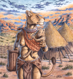 african ambiguous_gender anthro bottomwear breasts brown_nose clothed clothed_anthro clothed_female clothing duo ear_piercing ear_ring female fur hut jewelry loincloth markings motherhood mountain necklace neonate nipples one_breast_out piercing protective ring_piercing sleeping spots spotted_body spotted_fur sunset tan_body tan_fur tribal village young 0laffson cheetah felid feline lion mammal pantherine hi_res painting_(artwork) traditional_media_(artwork) traditional_painting_(artwork) traditional_watercolor_(artwork) watercolor_(artwork) mother_(lore) mother_and_child_(lore) parent_(lore) parent_and_child_(lore)
