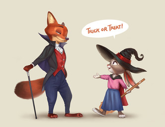 anthro duo female holidays magic_user male simple_background text witch pixiuart disney halloween zootopia judy_hopps nick_wilde canid canine fox lagomorph leporid mammal rabbit red_fox true_fox vampire 2016 english_text unavailable_at_source