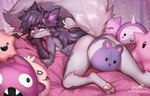 anthro black_hair convenient_censorship female fluffy fluffy_tail hair long_hair looking_at_viewer nude pawpads paws pink_pawpads plushie solo tail dragonfu hioshiru_(character) canid canine enfield mammal 2023 hi_res