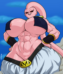 abs areola areola_slip big_breasts biped black_sclera breasts clothed clothing crossgender female mtf_crossgender not_furry pink_body pupils red_eyes smile solo wide_hips methados dragon_ball majin_buu humanoid majin absurd_res hi_res