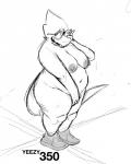 anthro areola belly biped breasts buckteeth clothing covering covering_crotch covering_pussy eyewear female footwear glasses hand_on_face looking_away mostly_nude navel nipples non-mammal_breasts non-mammal_nipples open_mouth open_smile overweight overweight_anthro overweight_female pose shoes slightly_chubby smile solo standing tail teeth thick_tail thick_thighs wavy_mouth wide_hips epitaphkho_(artist) adidas undertale undertale_(series) yeezy alphys reptile scalie 2019 hi_res monochrome