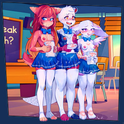 adolescent anthro biped blue_eyes blush bodily_fluids bottomwear bow_tie breasts classroom clothed clothing cum cum_in_hair cum_on_breasts cum_on_clothing cum_on_face desk feet female fur furniture genital_fluids group hair holding_object inside legwear licking licking_lips licking_own_lips multicolored_body nipples plantigrade pupils purple_eyes red_hair school skirt standing table thick_thighs thigh_highs tongue tongue_out topless trio white_body white_fur young young_anthro young_female ai_assisted ai_generated_background sicmop mythology avian gryphon mythological_avian mythological_creature 1:1 2025 absurd_res alpha_channel hi_res