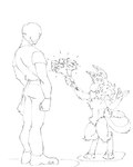 ambiguous_gender anthro arm_tuft big_ears bottomwear bouquet chest_tuft clothed clothing crotch_tuft digitigrade duo elbow_tuft eye_contact flower flower_bouquet footwear fur interspecies knee_tuft larger_human larger_male leg_tuft looking_at_another male male/ambiguous moe neck_tuft no_shoes nude pants plant presenting_gift romantic romantic_confession shirt shoes size_difference smaller_ambiguous smaller_anthro smile standing tail tail_tuft topwear tuft wool_(fur) greasemonko the_nature_of_predators alien human humanoid mammal venlil_(the_nature_of_predators) 2023 4:5 monochrome sketch