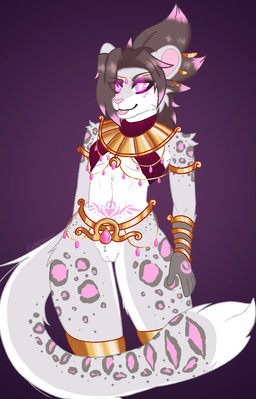 accessory andromorph anthro arm_markings arm_tuft armband belt bottomless bottomless_anthro bracelet brown_hair cheek_tuft clothed clothing crossgender egyptian egyptian_clothing eyelashes eyeliner eyeshadow facial_markings facial_tuft feline_ears femboy fluffy fluffy_tail fur gem genitals glowing glowing_eyes gold_(metal) gold_jewelry hair hair_accessory hairpin hand_markings head_markings highlights_(coloring) intersex jewelry leg_tuft legwear long_eyelashes long_hair looking_at_viewer makeup markings midriff multicolored_body multicolored_fur multicolored_hair navel pink_eyes pink_highlights pink_nose pink_tongue pubes pupils red_clothing red_eyeliner red_eyeshadow shoulder_tuft smile smiling_at_viewer solo spots spotted_body spotted_markings standing tail tail_tuft thigh_highs tongue tongue_out topwear tuft two_tone_body two_tone_fur two_tone_hair usekh vulva white_pupils womb_tattoo cereshinu shinu_(cereshinu) celestial_being deity felid mammal pantherine snow_leopard hi_res shaded