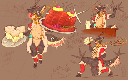 anthro antlers bell bell_collar box breasts bubble christmas_clothing clothing collar container drunk drunk_bubble eggnog female food fur gift_box green_eyes hair ham holding_food holding_object holidays horn larger_female looking_at_viewer meat multicolored_body multicolored_fur pork red_nose size_difference substance_intoxication tail two_tone_body unusual_anatomy unusual_tail lefemdoc christmas planta_fumeta rudolph_the_red-nosed_reindeer somnia_(lefemdoc) deer mammal monster new_world_deer reindeer 16:10 digital_media_(artwork) hi_res widescreen