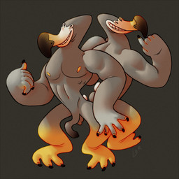 anthro caricature claws curved_penis duo flaccid foreskin genitals long_penis male muscular muscular_male nipples pecs penis pose silly silly_face simple_background small_eyes standing thin_penis yellow_legs yellow_nipples ravuer avian bird columbid dodo dodo_bird recently_extinct_species 1:1 hi_res