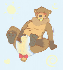3_toes ageplay anthro blush bodily_fluids brown_body brown_fur clothed clothing diaper erection erection_in_diaper eyes_closed feet fur genital_fluids infantilism male masturbation object_in_mouth pacifier pacifier_in_mouth paws peeing roleplay simple_background slightly_chubby solo toes unclean_diaper urine used_diaper wearing_diaper wet wet_diaper wetting littlemonsterz_(artist) mockthebear bear brown_bear grizzly_bear mammal ursine 2017 hi_res
