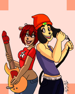 anthro band breasts duo electric_guitar electronics eye_contact female guitar looking_at_another male microphone musical_instrument playing_guitar playing_music plucked_string_instrument singing smile string_instrument littledarlingeve parappa_the_rapper sony_corporation sony_interactive_entertainment um_jammer_lammy lammy_lamb parappa bovid canid canine canis caprine domestic_dog mammal sheep 2009 4:5