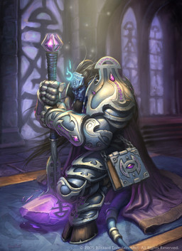 armor beard blue_body book cape clothing crouching face_tentacles facial_hair hammer holding_hammer holding_object holding_tool hooves inside magic male not_furry paladin solo stone_floor tail tentacles tools window glenn_rane blizzard_entertainment warcraft draenei humanoid 2005 hi_res official_art