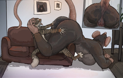 anal anthro anthro_on_anthro ass_up backsack balls big_breasts big_butt bodily_fluids breasts brown_body brown_fur butt butt_grab dominant dominant_gynomorph dominant_intersex duo fur furniture genitals gynomorph gynomorph/male hairless_tail hand_on_butt huge_butt intersex intersex/male larger_gynomorph larger_gynomorph/small_male larger_intersex male on_sofa oral predator/prey rimming saliva sex size_difference smaller_male sofa striped_body striped_fur stripes dont_touch_rats mammal murid murine rat rodent hi_res