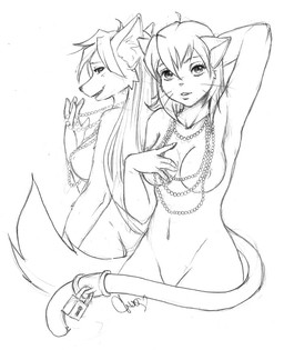 anthro duo female gem lock nude padlock pearl_(gem) tail chuumarie canid canine domestic_cat felid feline felis fox mammal monochrome sketch
