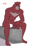 anthro asian_clothing barefoot black_nose box brown_body brown_fur bulge clothed clothing container east_asian_clothing facial_hair feet fundoshi fundoshi_only fur grey_body grey_fur humanoid_feet humanoid_heel japanese_clothing male muscular muscular_male plantigrade red_text shadow sharp_teeth simple_background sitting solo stubble teeth teeth_showing text topless underwear underwear_only white_background white_clothing white_fundoshi white_underwear thegreatmatsutzu the_boy_and_the_beast kumatetsu bear mammal japanese_text