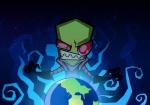 antennae_(anatomy) clenched_teeth clothing earth gloves green_body green_skin grin handwear laugh male not_furry planet red_eyes smile solo space star teeth fantasyisland yunaki invader_zim nickelodeon zim_(invader_zim) alien alien_humanoid humanoid irken wallpaper