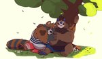 anthro belly blue_nose bottomwear brown_body brown_fur clothing duo eyes_closed fur hug humanoid_hands male male/male outside overweight overweight_male shirt shorts sitting topwear bennycartoonist grizzly_(grizzlykuma) bear canid canine mammal raccoon_dog tanuki 2020 hi_res