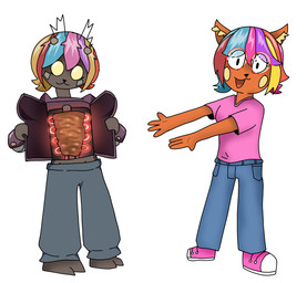 2_toes 4_fingers :3 antennae_(anatomy) anthro appliance biped blonde_hair blue_hair bottomwear cheek_spots clothing denim denim_bottomwear denim_clothing doner_kebab duo eyelashes eyewear feet female fingers food footwear fur glasses glowing grey_body hair inner_ear_fluff jeans kebab kitchen_appliance machine markings meat multicolored_hair no_pupils open_chest_cavity orange_body orange_fur orange_hair oven pants pink_clothing pink_footwear pink_shirt pink_shoes pink_topwear purple_hair red_hair rotisserie round_glasses shirt shoes simple_background tan_markings toes topwear tuft white_background yellow_eyes kritten melbot_(melody_nosurname) melody_nosurname deer mammal robot 2025 trans_(lore) trans_woman_(lore)