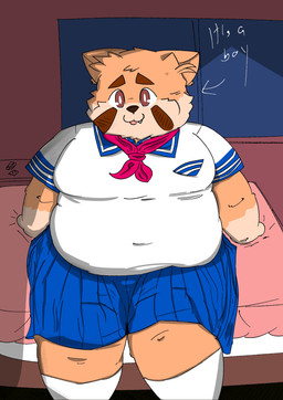 anthro big_butt bottomwear butt clothing fur highschool_uniform male moobs motel multicolored_body multicolored_fur overweight overweight_male skirt solo tan_body tan_fur text thick_thighs two_tone_body two_tone_fur resnux ailurid mammal red_panda absurd_res english_text hi_res