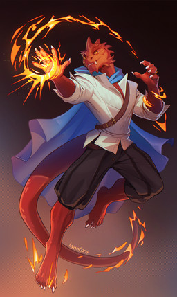 5_fingers anthro biped bottomwear claws clothed clothed_anthro clothed_male clothing finger_claws fingers fire front_view fully_clothed fully_clothed_anthro fully_clothed_male horn magic magic_user male pants scales simple_background smile solo tail teeth topwear lynncore koviell kobold scalie 2026 digital_drawing_(artwork) digital_media_(artwork) hi_res
