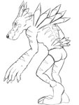 anthro barefoot briefs butt claws clothed clothing ear_piercing ear_ring feet male piercing ring_piercing simple_background solo topless underwear white_background thegreatmatsutzu bandai_namco digimon digimon_(species) weregarurumon black_and_white monochrome sketch