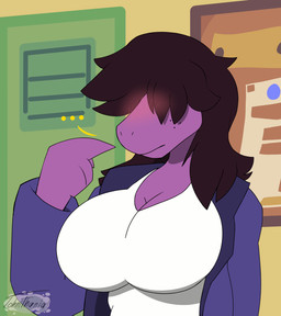 anthro big_breasts blush breasts female freckled_face freckles hair hair_over_eyes locker non-mammal_breasts school solo tomboy johnithanial deltarune undertale_(series) susie_(deltarune) reptile scalie 2018 hi_res
