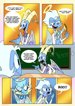 anthro back_wings blue_body blue_eyes blue_skin bow_tie chalkboard dialogue eyelashes feathered_wings feathers female flower_accessory freckled_face freckles group gun halo horn long_eyelashes male ranged_weapon text weapon wings emositecc hellaverse helluva_boss blitzo_(helluva_boss) millie_(helluva_boss) moxxie_(helluva_boss) angel angel_humanoid humanoid colored comic english_text hi_res