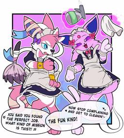3_claws anthro bracelet broom claws cleaning_tool clothed clothing crossdressing dialogue_box duo erection erection_under_clothing fur jewelry laugh magic maid_headdress maid_uniform male pink_body pink_fur pokemorph simple_background speech_bubble text uniform watering_can batruse lukos_wolf nintendo pokemon fan_character eeveelution espeon generation_2_pokemon generation_6_pokemon pokemon_(species) sylveon english_text