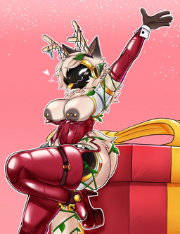 anthro areola bell breasts bunny_costume christmas_clothing clothing costume cuffs_(clothing) female footwear gift gold_(metal) happy heart_symbol high_heels holidays jewelry leaf leaf_on_head leggings legwear machine nipple_piercing nipples piercing plant point_coloration raised_arm shoes sleeves solo tongue tongue_out tuft wardrobe_malfunction metsubo christmas ozias_(protogen) felid mammal protogen absurd_res hi_res