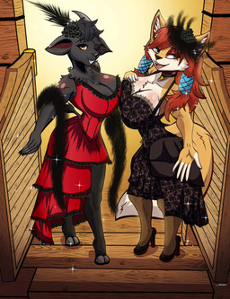 accessory anthro arm_tuft big_breasts black_body black_clothing black_dress black_fur black_hair blush body_blush breast_blush breast_squish breasts breasts_frottage choker cleavage clothed clothing detailed_background dress duo eye_patch eyeshadow eyewear feather_boa feather_in_hair female female/female fishnet_clothing fishnet_leggings fishnet_legwear floorboards floral_pattern flower flower_in_hair fluffy fluffy_tail footwear frilly frilly_clothing fur glistening glistening_body hair hair_accessory hair_wraps hand_on_breast hand_on_own_breast high_heels hooves horn inner_ear_fluff jewelry leggings legwear looking_at_viewer loose_feather makeup multicolored_body multicolored_fur neck_tuft necklace open_mouth orange_hair outstretched_arm plant red_clothing red_dress red_eyes red_eyeshadow saloon_doors shoes shoulder_tuft small_waist smile smiling_at_viewer squish tail tan_body tan_fur text thick_thighs tongue tongue_out tuft two_tone_body two_tone_fur white_body white_fur wide_hips rhunter13 bathory_black_(therealnarrowjungle) wolf_nanaki bovid canid canine canis caprine goat mammal red_wolf wolf 2025 absurd_res artist_name digital_media_(artwork) hi_res signature trans_(lore) trans_woman_(lore)