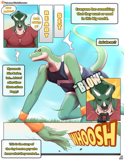 3_horns 4-point_stance all_fours anthro athletic_wear big_muscles black_sclera blowing_whistle blue_bottomwear blue_clothing blue_gym_shorts blue_jersey blue_shorts blue_sky bottomwear claws clothing day dialogue duo facial_horn finger_claws fingerless_(marking) grass green_body green_scales gym_bottomwear gym_shorts horn low-angle_view male multi_horn multicolored_body multicolored_scales muscular muscular_anthro muscular_male nose_horn orange_wristband outside pecs plant red_clothing red_shirt red_topwear scales shirt shorts skinny_anthro skinny_male sky tail tan_body tan_scales text text_box topwear track track_and_field two_tone_body two_tone_scales whistle_around_neck whooshing wristband yellow_eyes yellow_sclera mels_monster_(artist) buggy_(mels_monster) ceratopsian dinosaur gecko lizard ornithischian prehistoric_species reptile scalie triceratops 2025 absurd_res comic english_text hi_res
