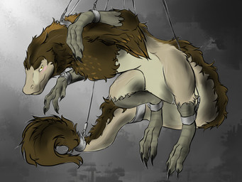 ambiguous_gender anthro bound feathers feet flustered looking_away scales shackled solo suspension talons toes uysu lyfield_(fierian) dinosaur dromaeosaurid prehistoric_species reptile saurischian scalie theropod utahraptor hi_res